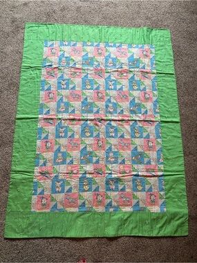 Vtg Baby Quilt Blanket 61.5" L  X 47" W Humpty Lamb Dog Train Doll Nursery Rhyme
